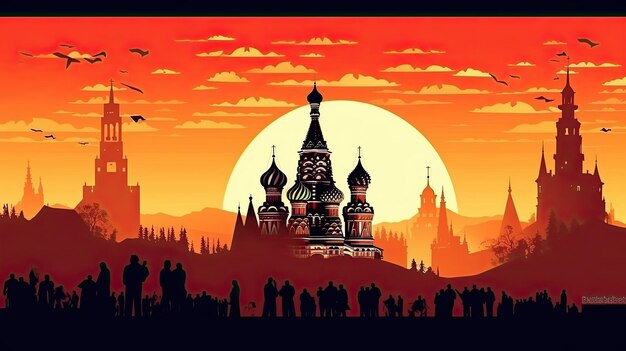 Scene silhouette of famous place Beautiful landscape Kremlin Saint Basil Cathedral in Moscow vector Generated with AI