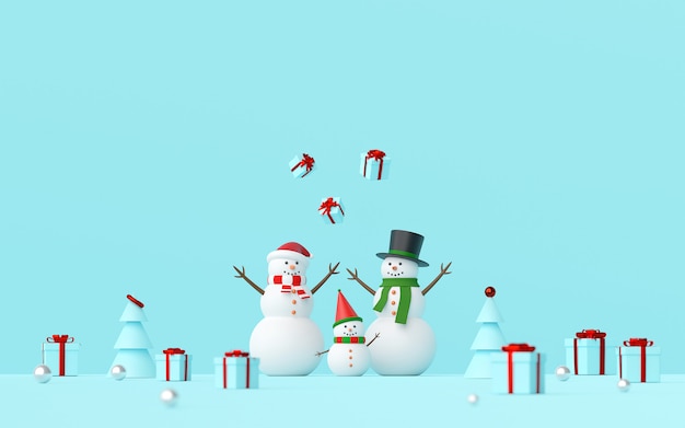 Photo scene of snowman celebrate christmas gifts on a blue background, 3d rendering