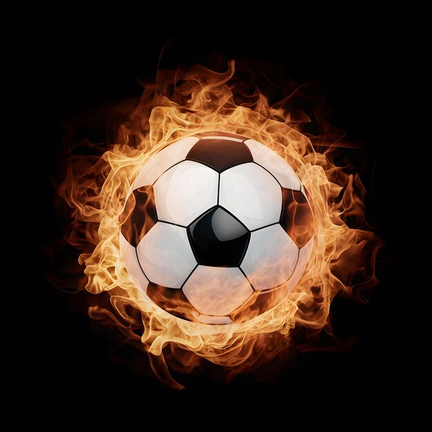 Photo scene soccer ball engulfed in fiery flames against black backdrop for social media post size