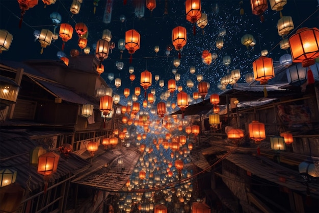 A scene of a street with lanterns floating in the sky