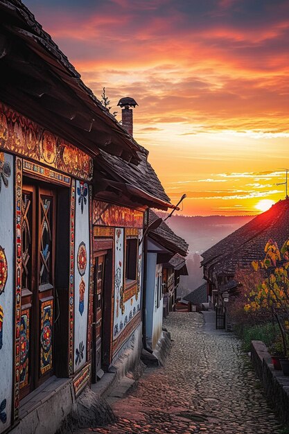 Photo scene of a sunrise over a traditional eastern european village