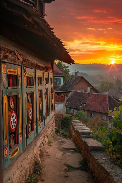 Photo scene of a sunrise over a traditional eastern european village