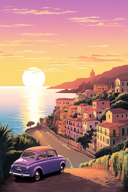 Scene of sunset at italian coast italian village in background on hillside