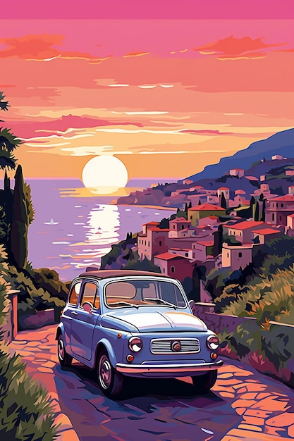 Scene of sunset at italian coast italian village in background on hillside