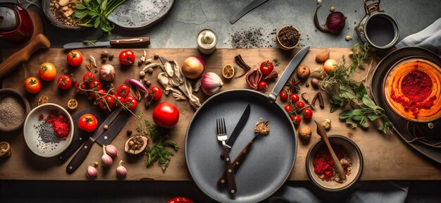 Сцена стола с различными овощами и кухонными принадлежностями