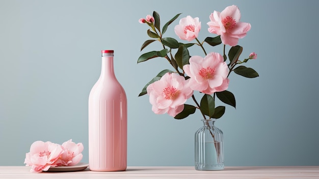 Scene of a tall bottle of makup water standing on the wooden table