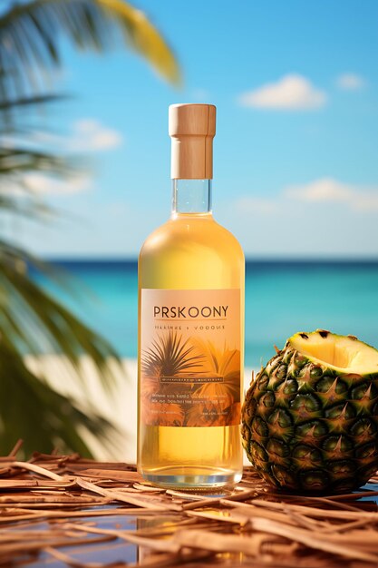 Photo scene of tangy pineapple coconut fusion liqueur with a sunny and trop poster menu flyer design art