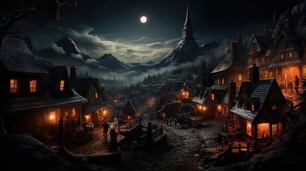 a scene of a town with a moon in the sky