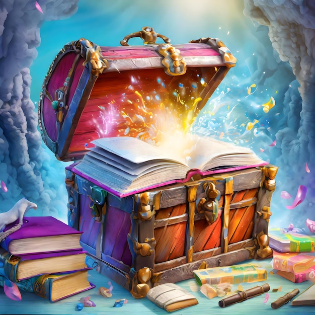 Photo a scene of a treasure chest filled with magical books