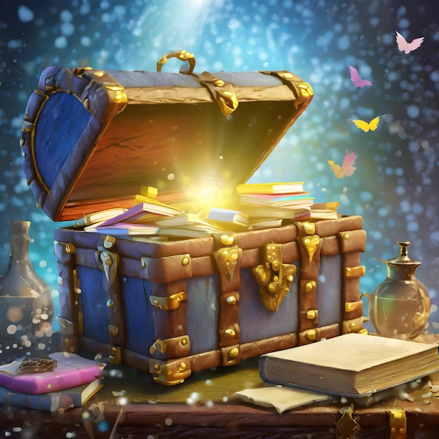 a scene of a treasure chest filled with magical books