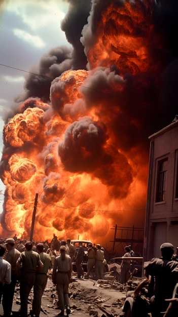 scène uit een dramatische kleurenfilm uit 1942 over brandbommen