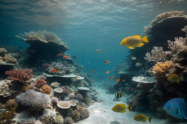 Photo a scene of underwater coral reefs with tiny little fishes