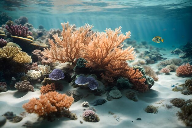 Photo a scene of underwater coral reefs with tiny little fishes