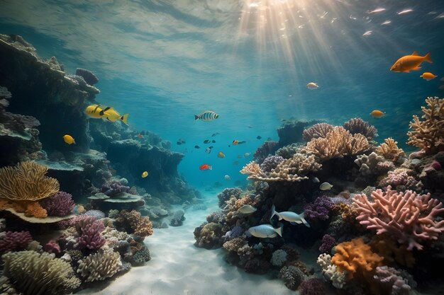 Photo a scene of underwater coral reefs with tiny little fishes