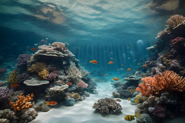 A scene of underwater coral reefs with tiny little fishes