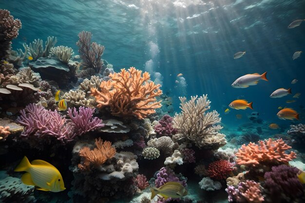 Photo a scene of underwater coral reefs with tiny little fishes