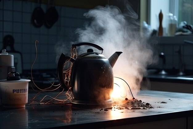 Scène van uitgebrande keukenapparatuur waaronder een waterkoker en een koffiezetapparaat