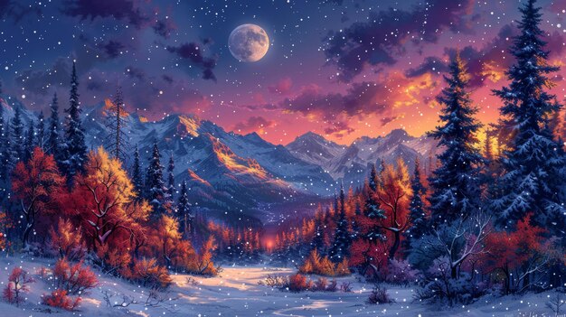 Дизайн обоев сцены Цветный лес на другой стороне снежной горы с холодной луной, поднимающейся в небе в реалистичном стиле мультфильма