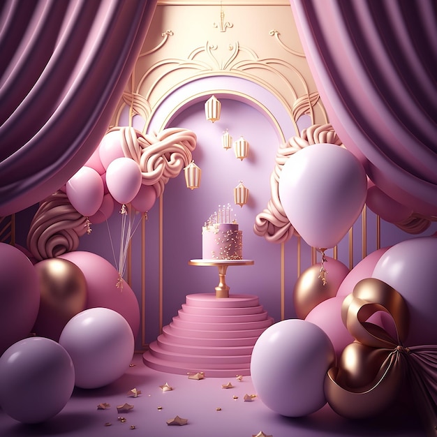 A scene with a cake and balloons on it