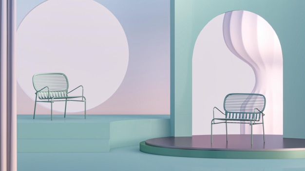 Scene with chair plant and geometrical forms to show cosmetic products Holographic