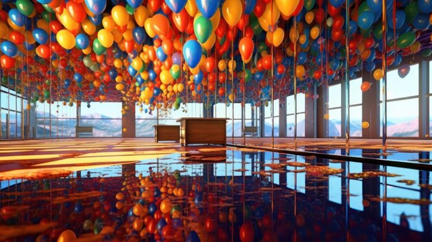 A scene with colorful balloons floating in a mirrored room it creates a fantastic atmosphere