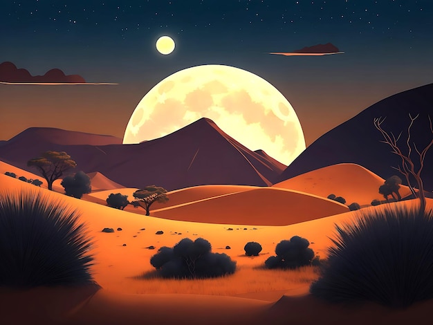 scene with dry land and hills at moonlight