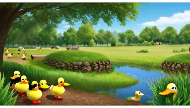 Scene with ducks and chicks in the field