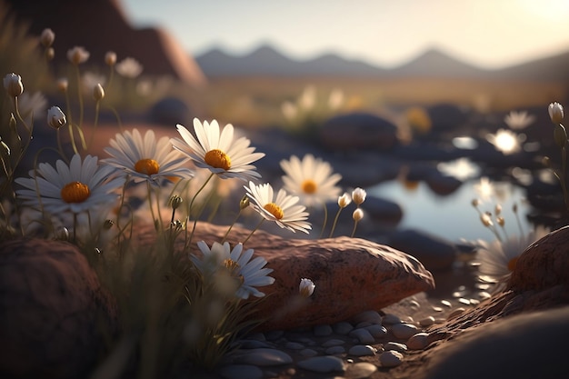 A scene with a field of flowers in the desert.