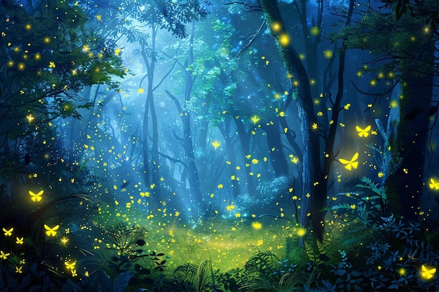 Scene with fireflies in forest at night