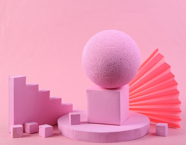 Scene with geometric shapes Pink background Pastel color trend Minimalism Creative composition still life