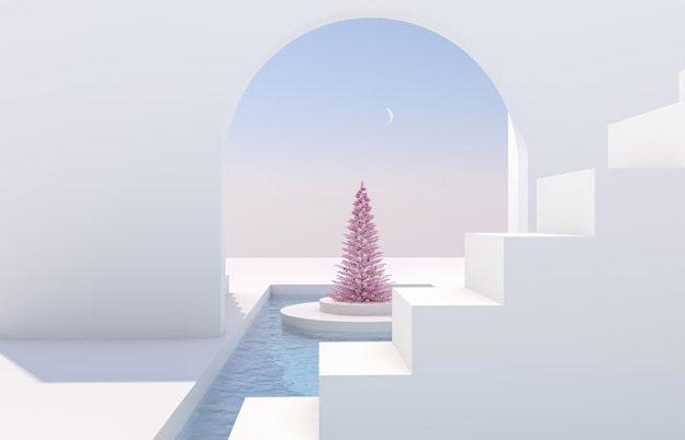 Photo scene with geometrical forms, arch with a podium in natural day light. minimal landscape with christmas tree