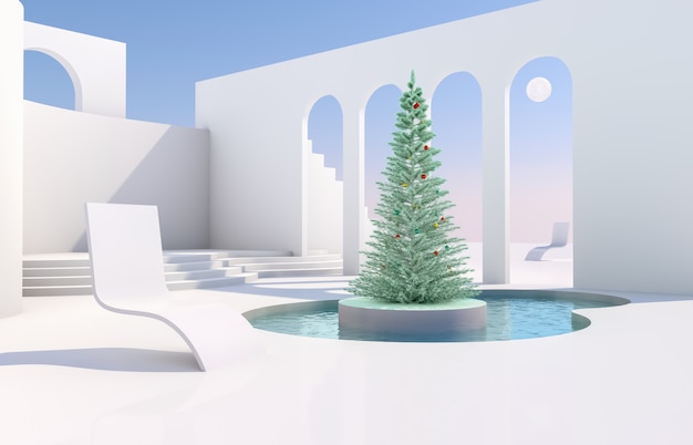 Scene with geometrical forms, arch with a podium in natural day light. minimal landscape with Christmas tree 