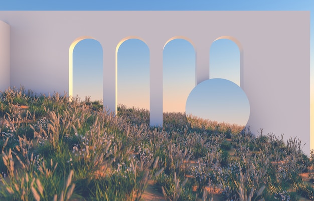 Scene with geometrical forms, arch with wild flower field in natural day light. minimal 3d landscape background.