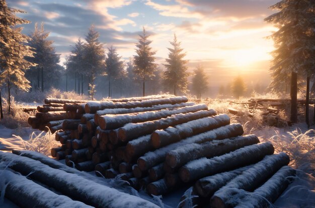 A scene with logs pile up near the sun