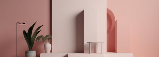 最小限の形状と柔らかなピンク色の部屋の表彰台を持つシーン