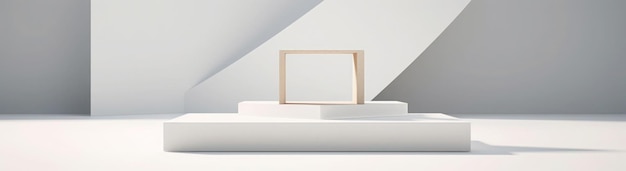 Scene with minimal shapes and podium with soft white colors room