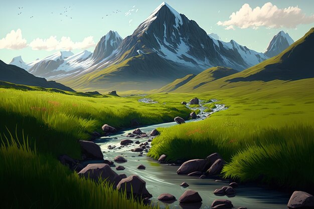 Scene with mountains and lush grass