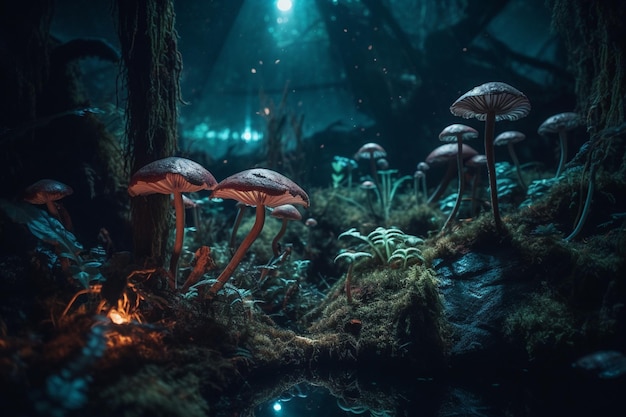 A scene with mushrooms and a fire in the dark