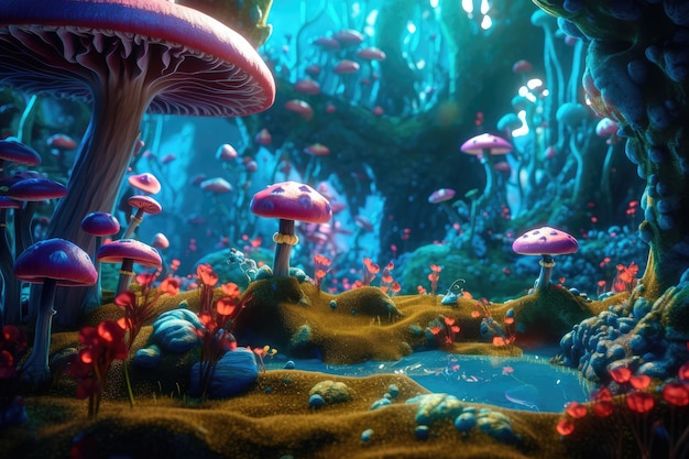 A scene with mushrooms and water in the bottom right corner.