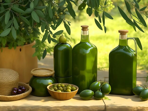 Scene with olives and olive oil containers and some green leaves