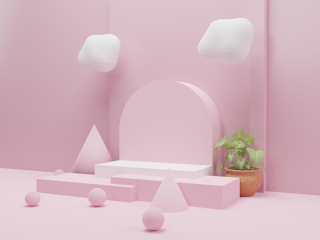 Scene with pink and white minimal podiums arrangement 3d rendering