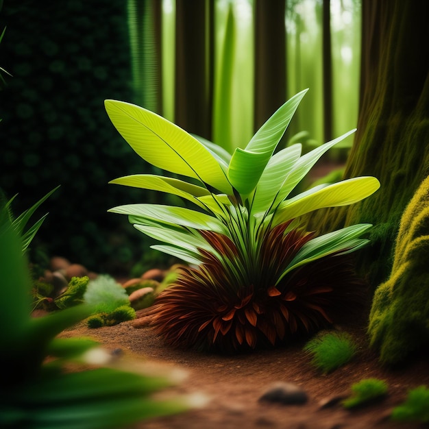 A scene with a plant in the middle of the forest.