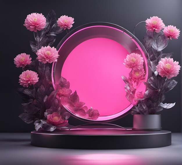 Scene with podium for mock up presentation abstract floral theme neon lighting