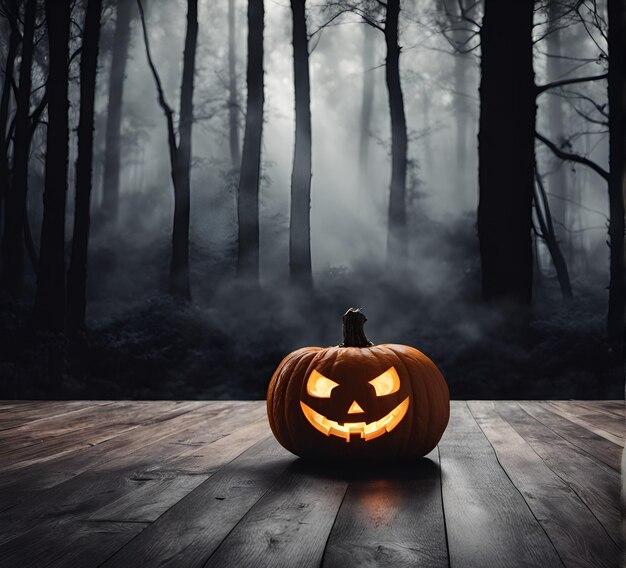 Scene with podium for mock up presentation in halloween style with pumpkins