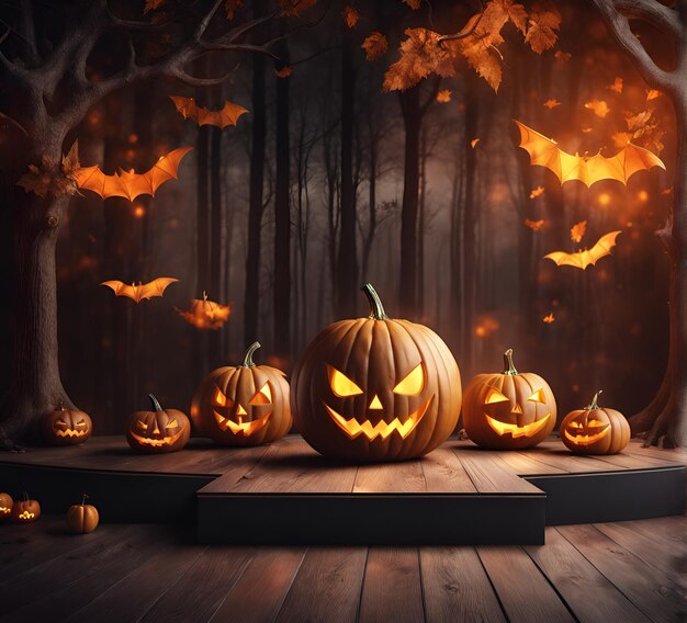 Scene with podium for mock up presentation in halloween style with pumpkins