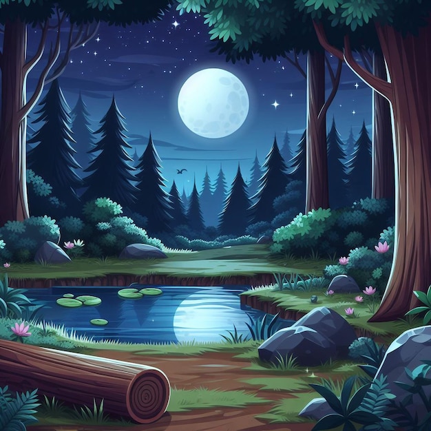 연못과 야간 자연 풍경이 있는 장면