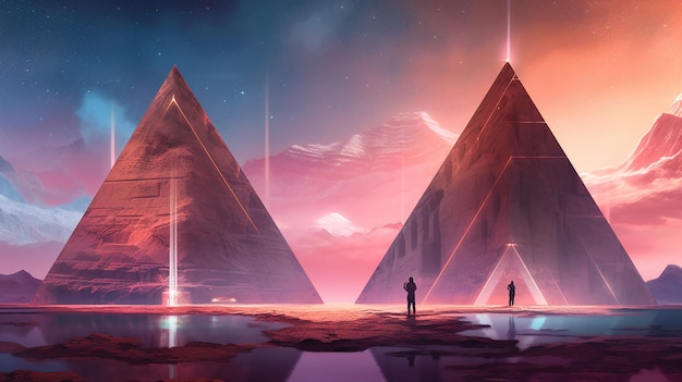 A scene with a pyramid and people standing in the desert.