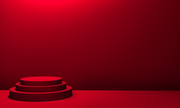 복사 공간이 있는 미니멀리즘 스타일의 프리젠테이션을 위한 빨간색 연단이 있는 장면, 3d 렌더링 추상 배경 디자인