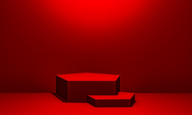 Scene with red color podium for mock up presentation in minimalism style with copy space, 3d render abstract background design