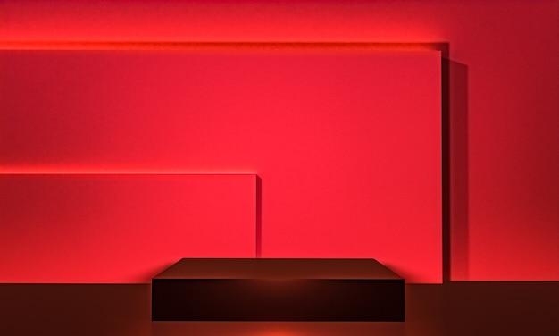 Scene with red color podium for mock up presentation in minimalism style with copy space, 3d render abstract background design